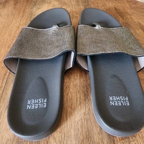 Eileen Fisher Metallic Gray Silver Leather Slip On Flat Thong Sandals Womens 8.5 - Picture 5 of 9